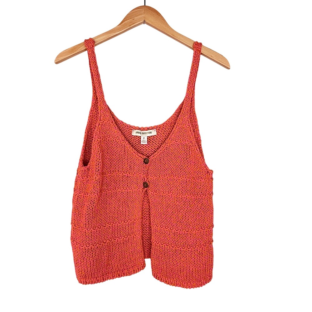 Urban Outfitters Knit Tank Top Women Small Orange Pink Button Front Boho Crochet